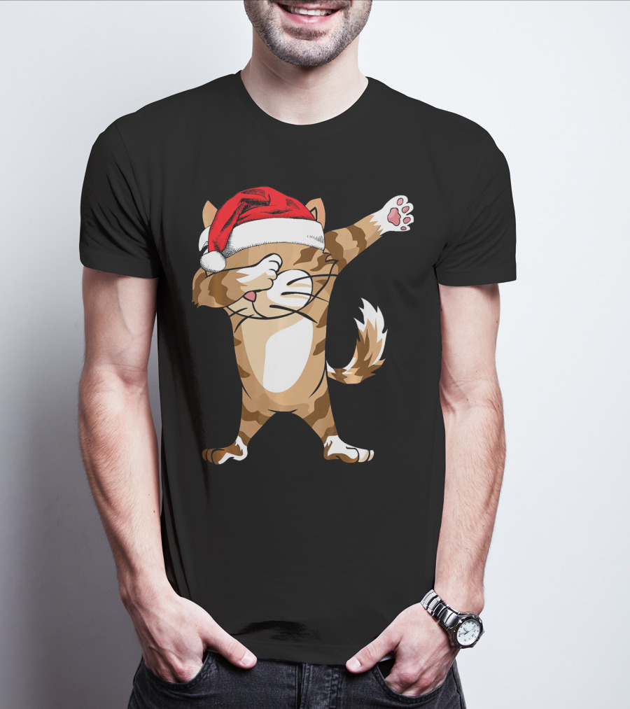 Santa Hat Dabbing Cat Christmas Holiday Fun T-Shirt
