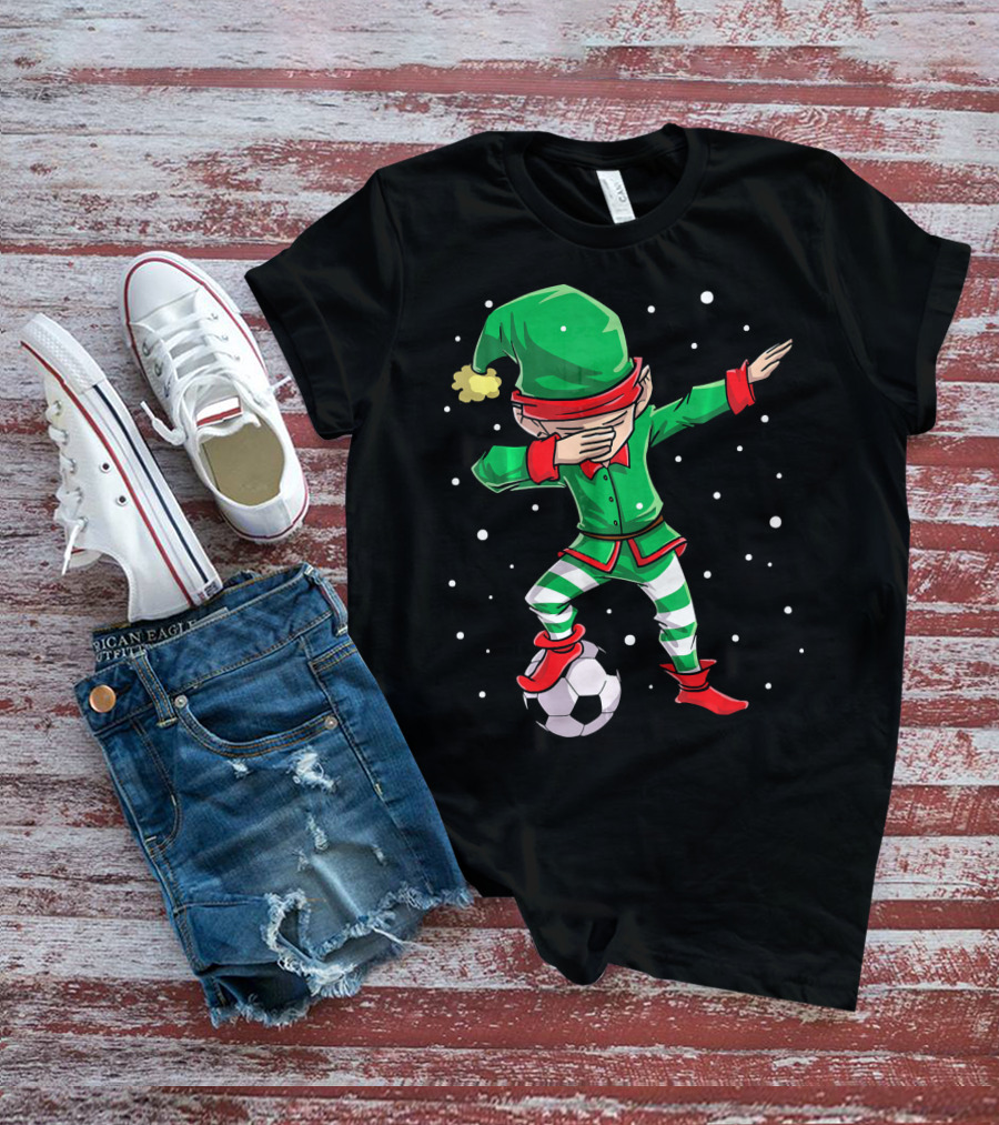 Christmas Soccer Dabbing Elf Kicking Ball In Snowy Scene T-Shirt
