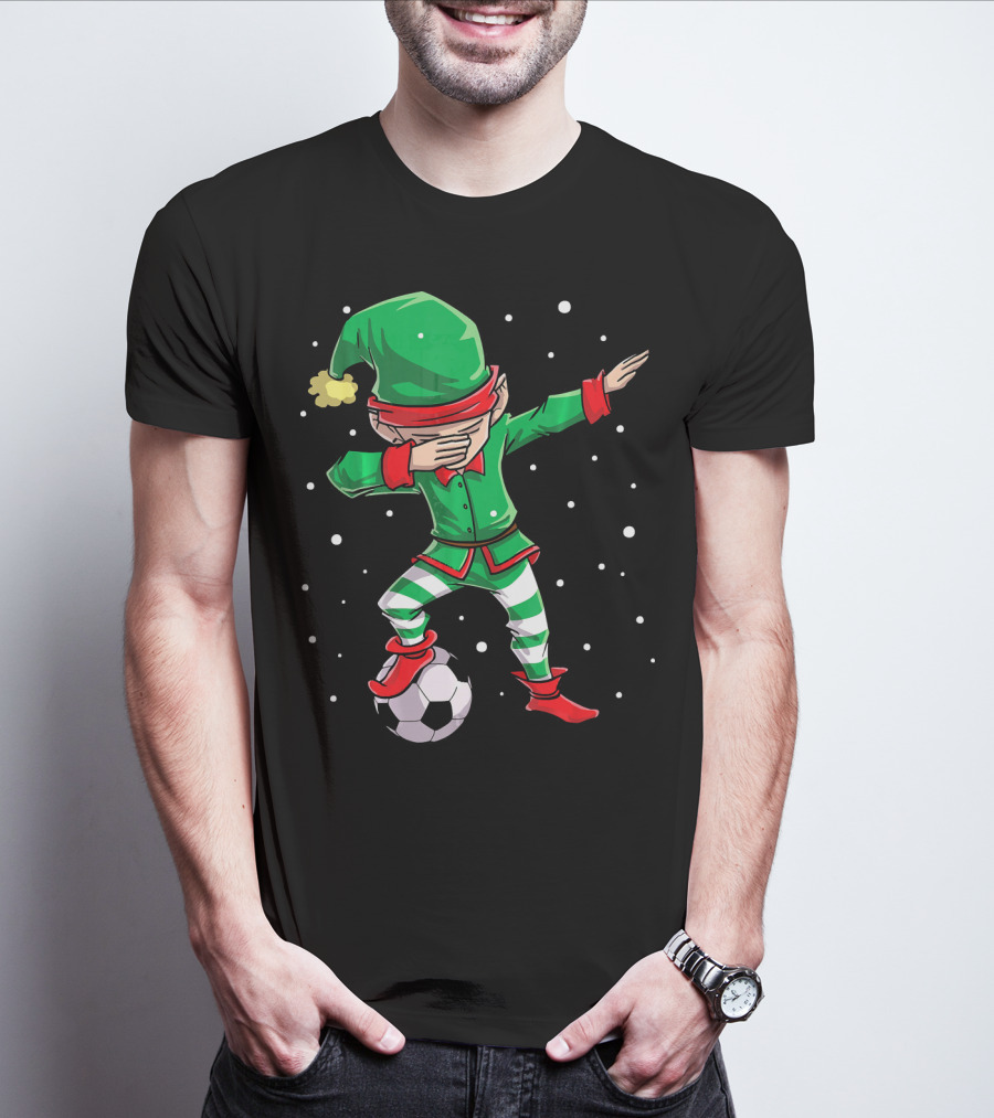Christmas Soccer Dabbing Elf Kicking Ball In Snowy Scene T-Shirt