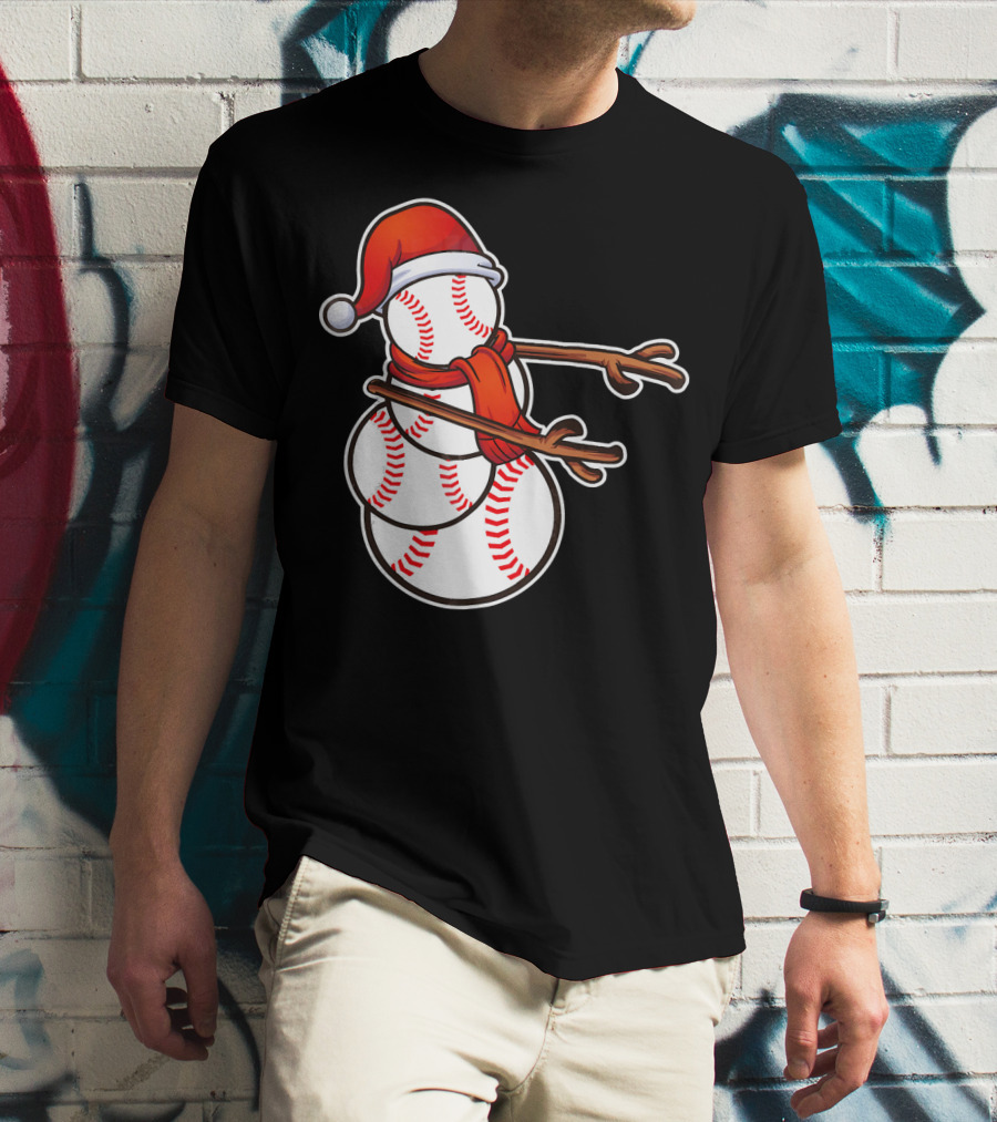 Santa Hat Snowman Made Of Baseballs Flossing T-Shirt