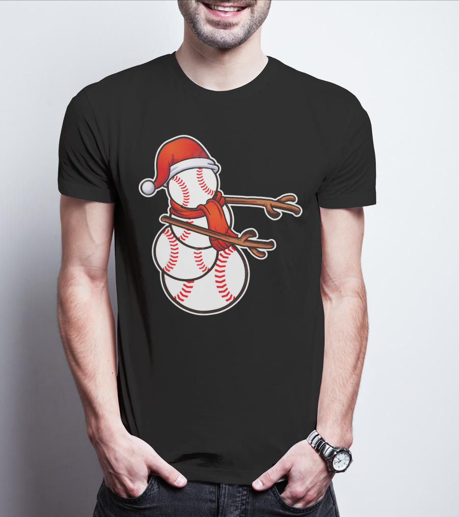 Santa Hat Snowman Made Of Baseballs Flossing T-Shirt