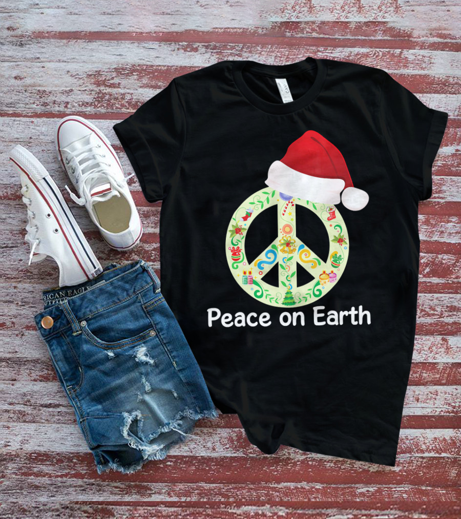 Peace On Earth Santa Hat Christmas Peace Sign T-Shirt