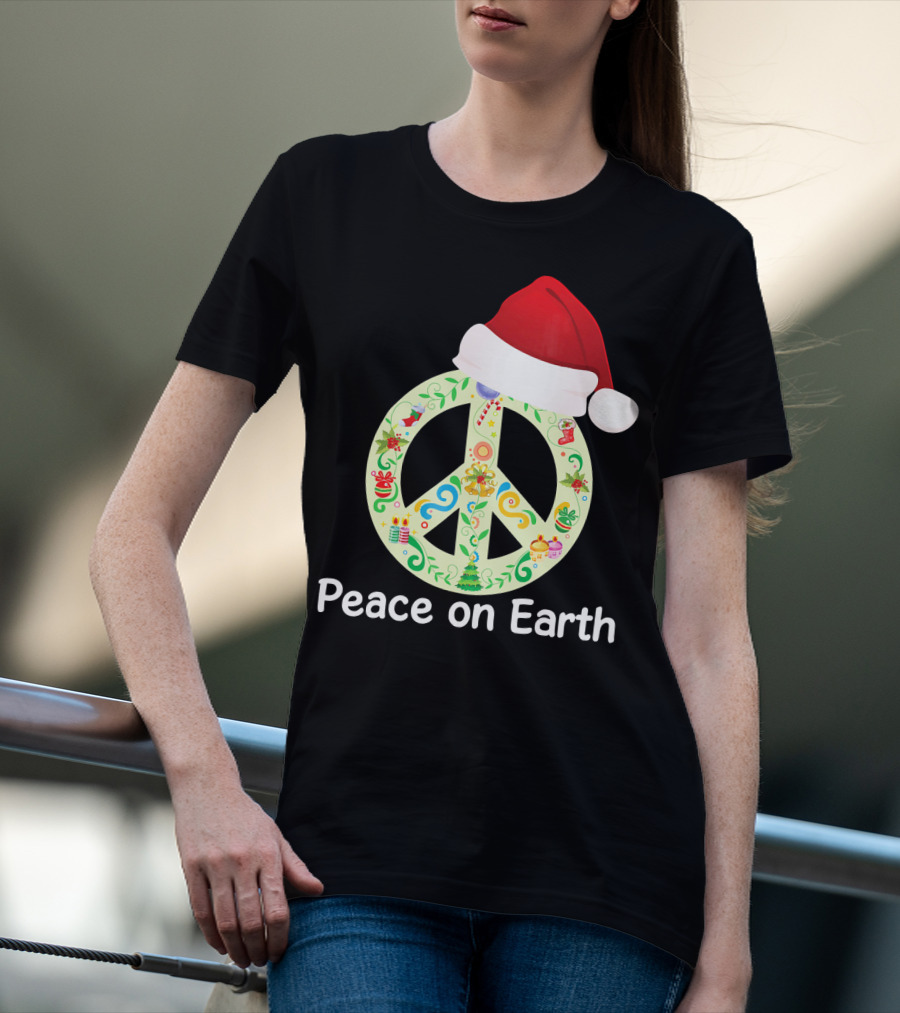 Peace On Earth Santa Hat Christmas Peace Sign T-Shirt