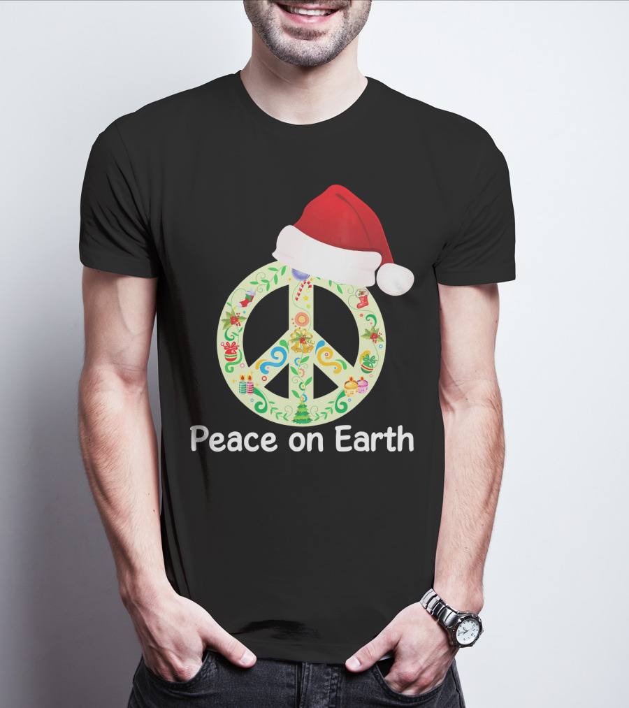 Peace On Earth Santa Hat Christmas Peace Sign T-Shirt