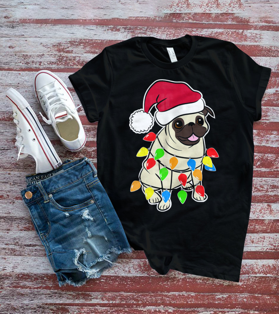 Christmas Pug Santa Pug With Festive Lights And Santa Hat T-Shirt