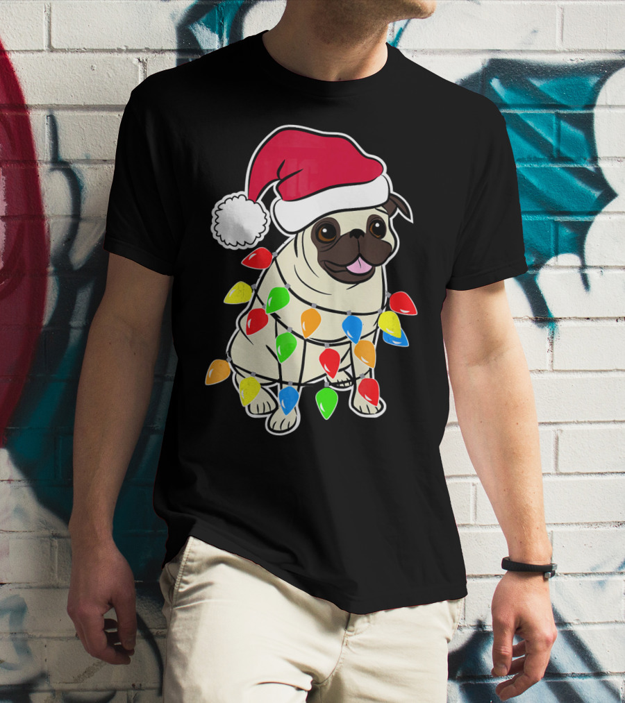 Christmas Pug Santa Pug With Festive Lights And Santa Hat T-Shirt