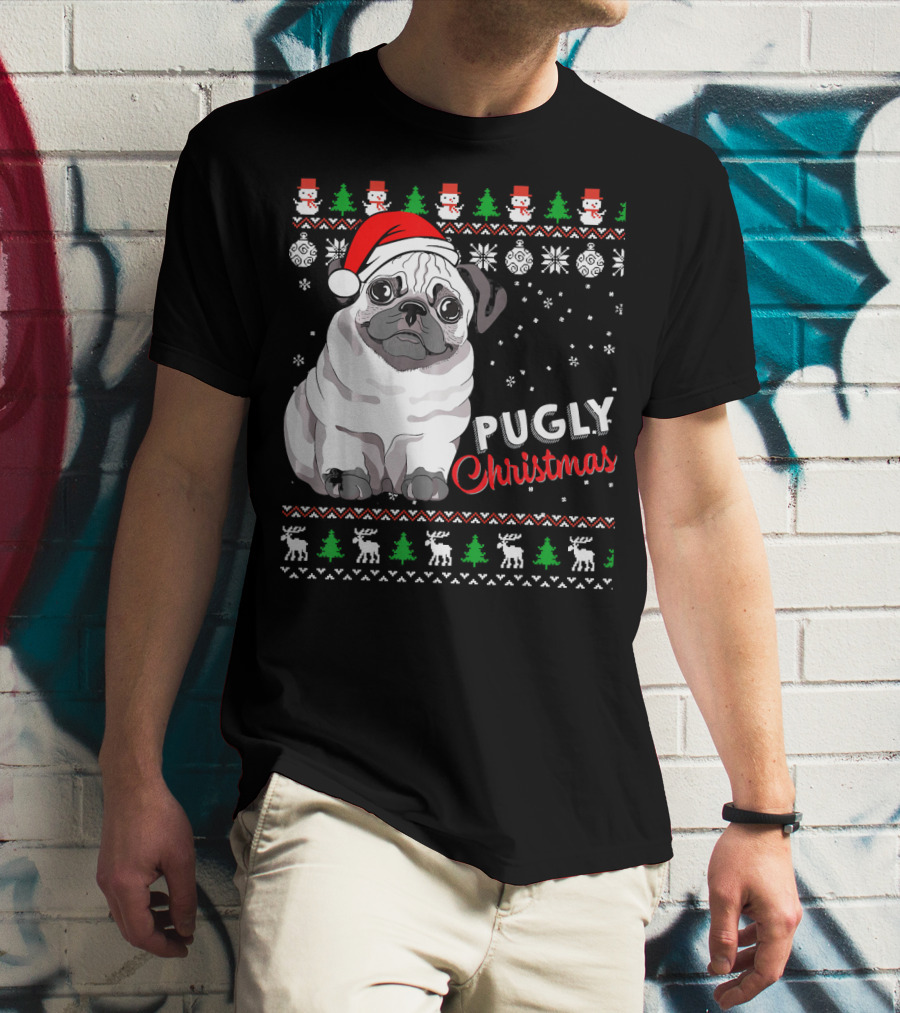 Pugly Christmas Santa Hat Snowflakes Ugly T-Shirt