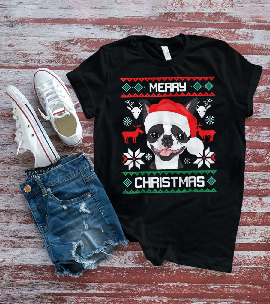 Merry Christmas Boston Terrier Santa Hat Ugly Sweater Holiday T-Shirt