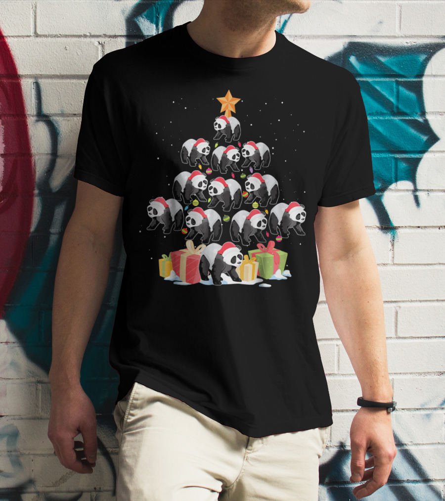 Funny Panda Christmas Tree Presents Star T-Shirt