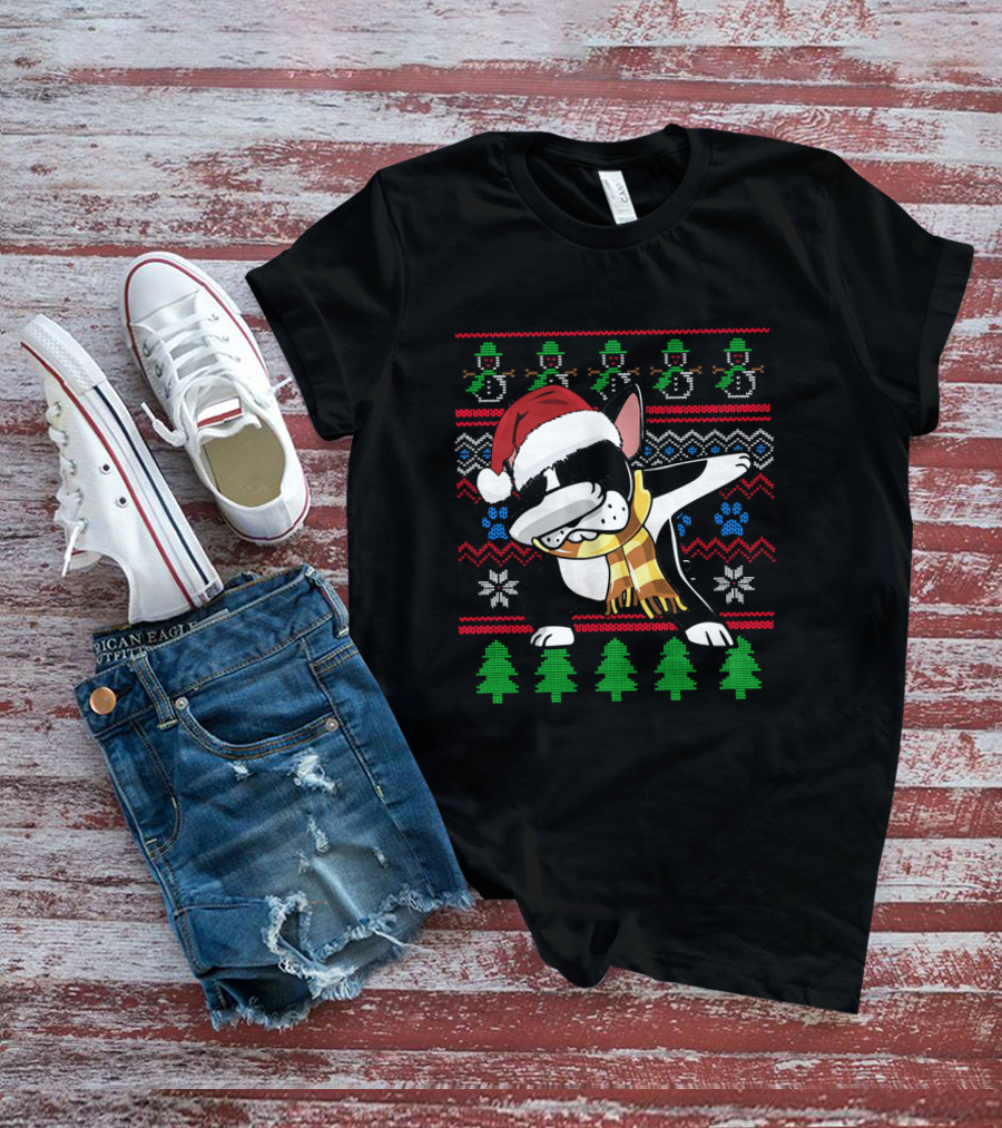 Boston Terrier Dabbing Santa Hat UglyStyl Christmas Sweater Snowmen Trees T-Shirt