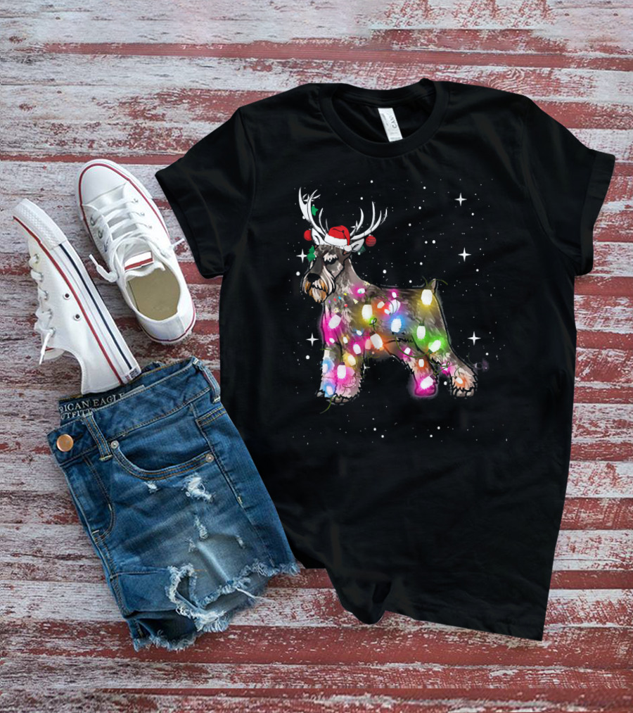 Festive Christmas Lights Standard Schnauzer With Santa Hat And Reindeer Antlers T-Shirt