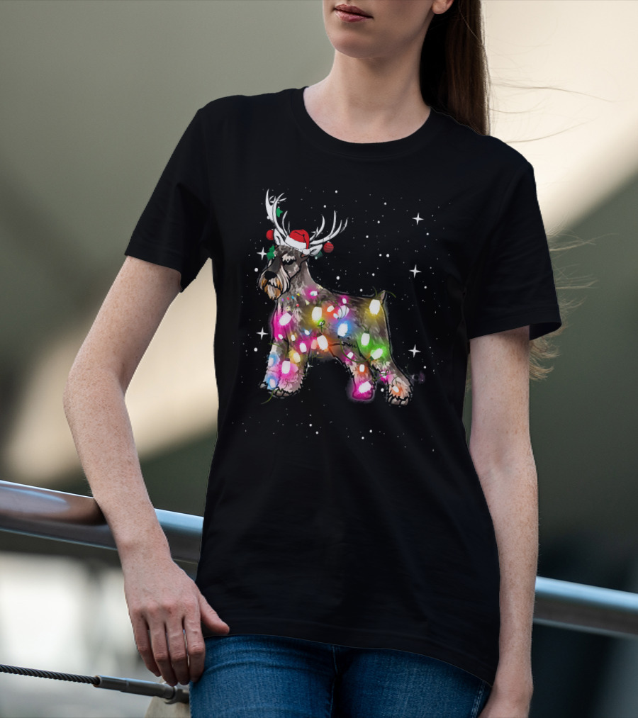Festive Christmas Lights Standard Schnauzer With Santa Hat And Reindeer Antlers T-Shirt