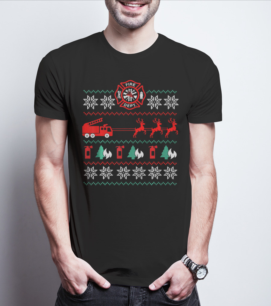 Fire Department Holiday Sweater Firetruck And Reindeer T-Shirt