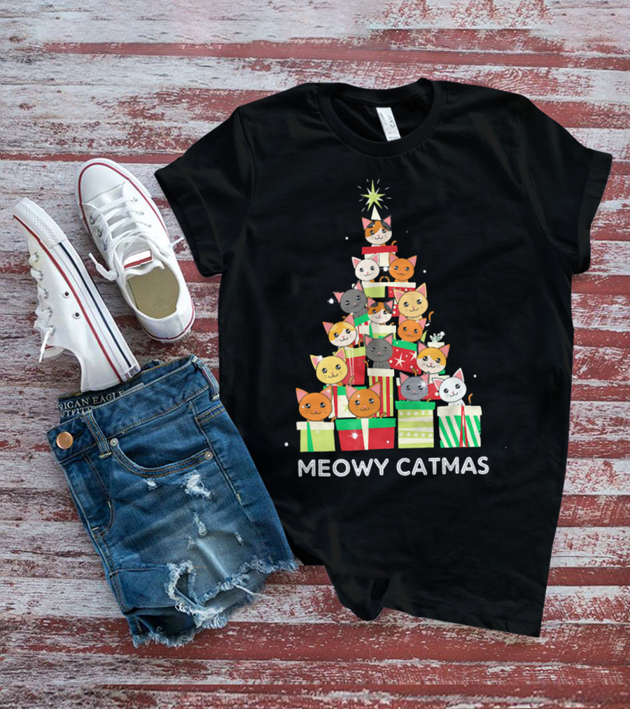 Meowy Catmas Funny Cat Christmas Tree Box T-Shirt