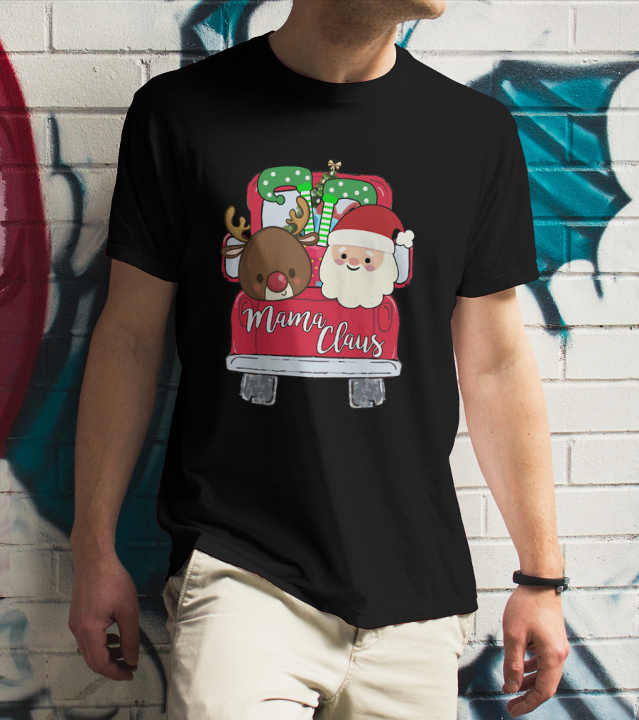 Mama Claus Funny Christmas Car With Santa And Reindeer T-Shirt