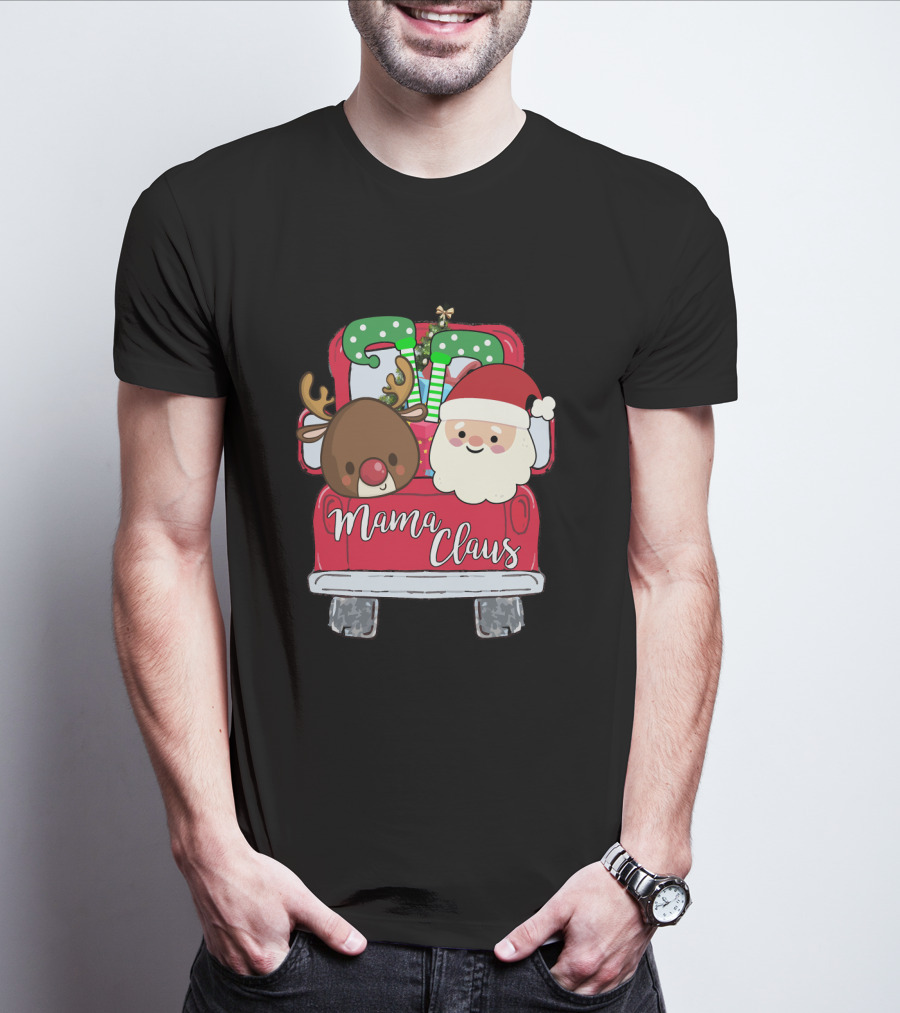 Mama Claus Funny Christmas Car With Santa And Reindeer T-Shirt