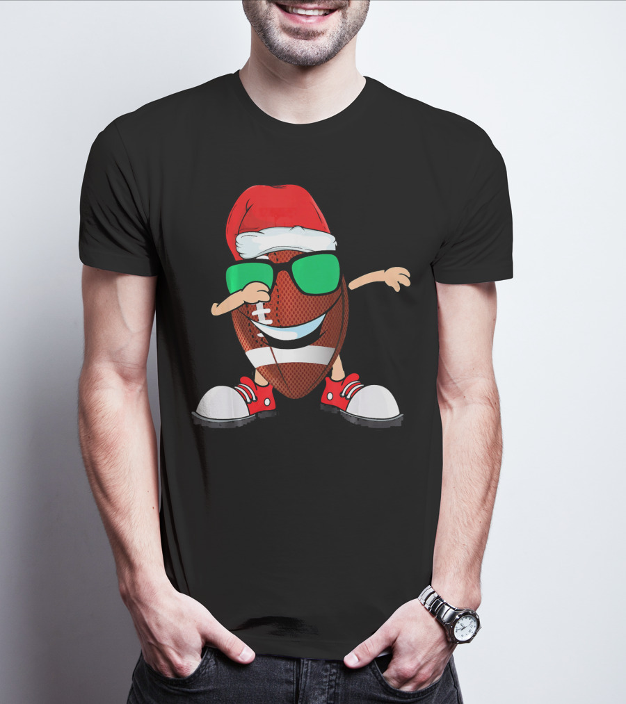 Dabbing Football Wearing Santa Hat With Green Sunglasses And Red Sneakers T-Shirt