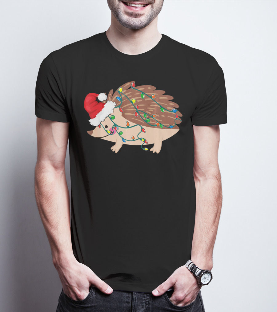Hedgehog Christmas Lights Funny Santa Hat T-Shirt