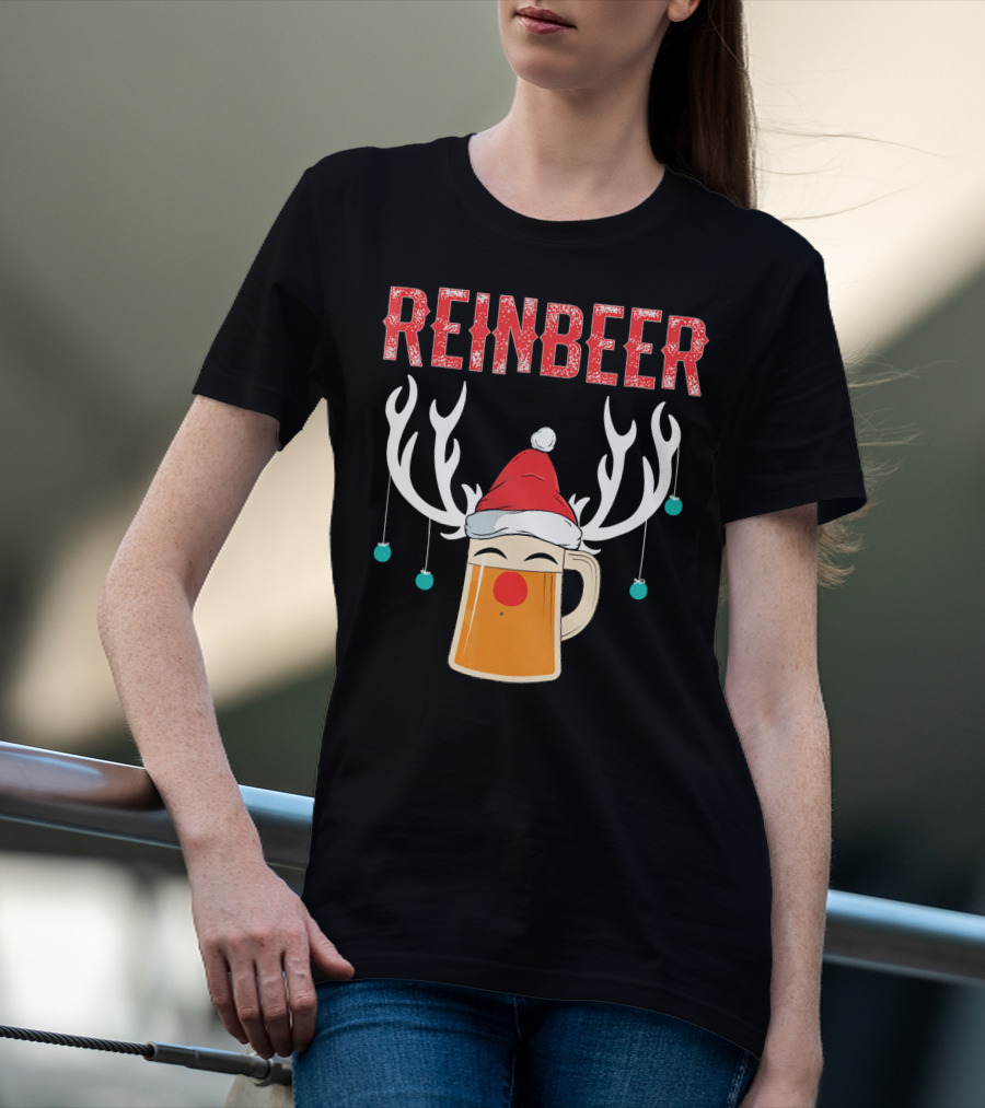 Reinbeer Christmas Antler Humor With Santa Hat Beer Mug T-Shirt
