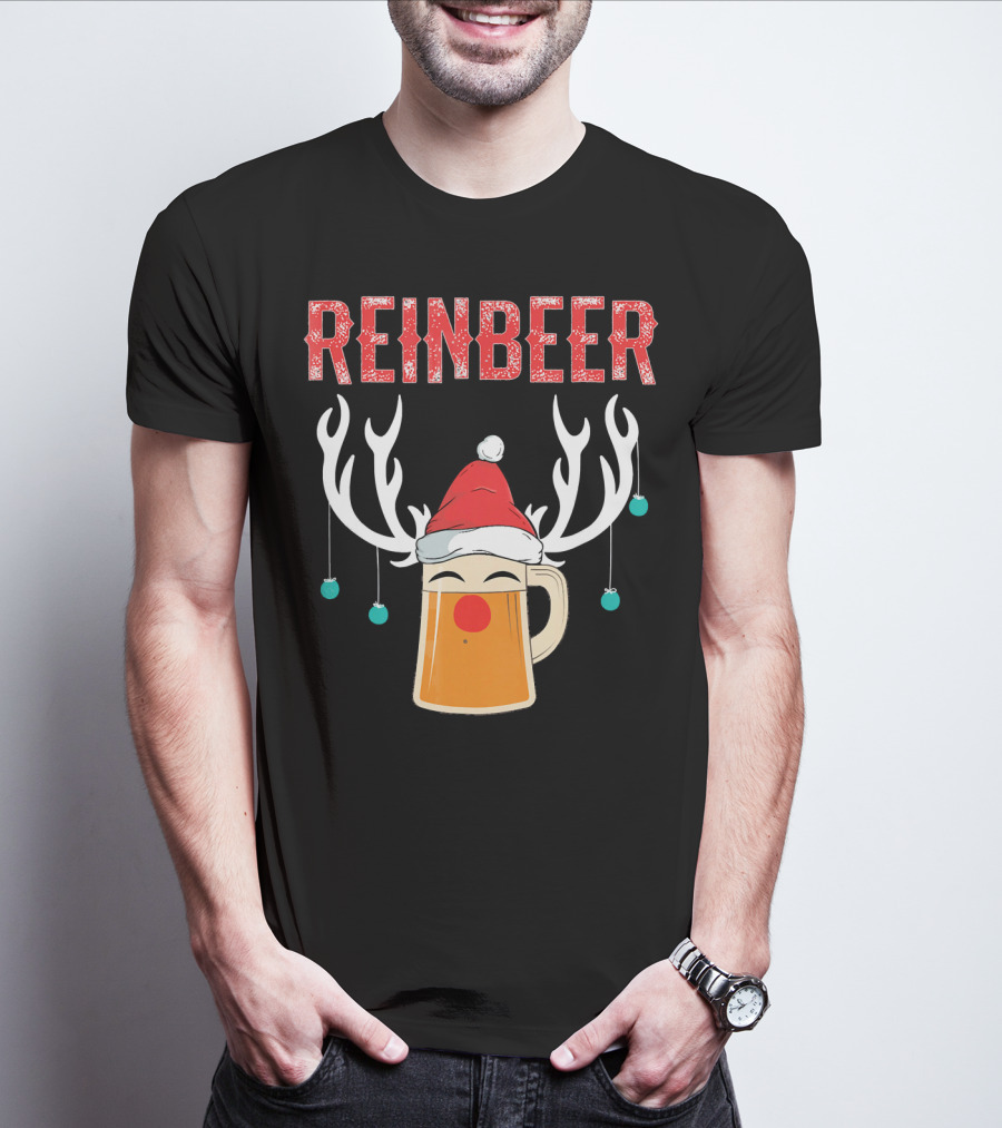 Reinbeer Christmas Antler Humor With Santa Hat Beer Mug T-Shirt