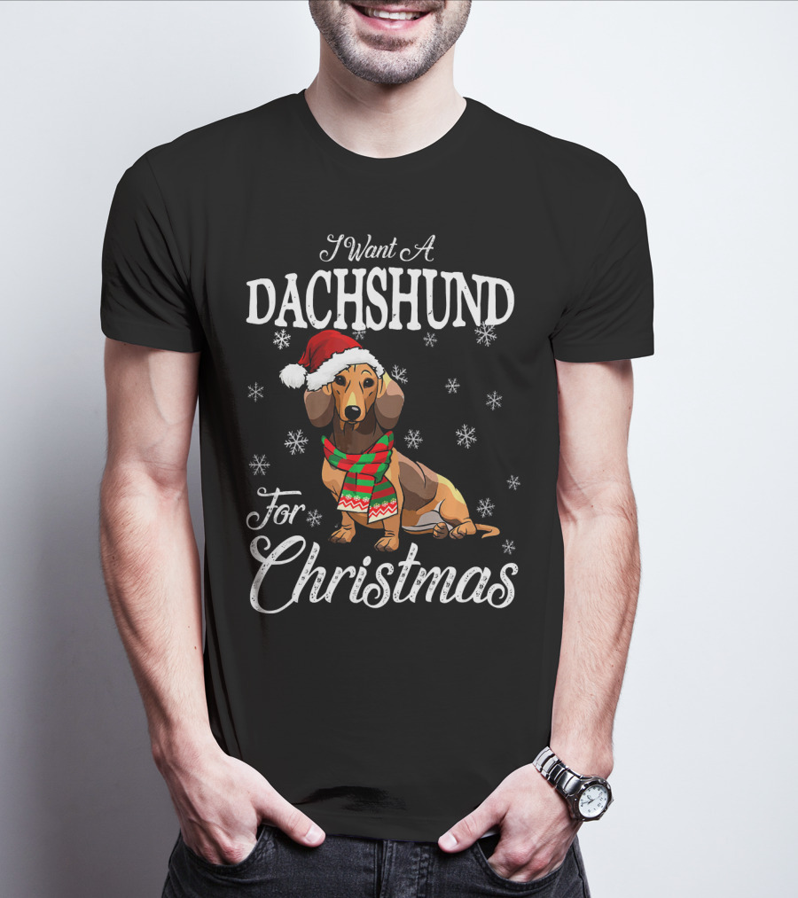 I Want A Dachshund Wearing Santa Hat And Scarf For Christmas Snowflakes T-Shirt