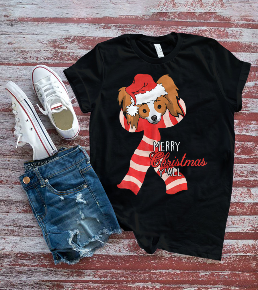 Papillon Dog Merry Christmas Y'all Santa Hat Striped T-Shirt
