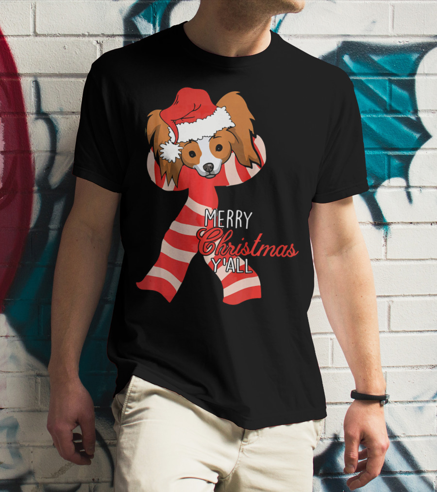 Papillon Dog Merry Christmas Y'all Santa Hat Striped T-Shirt