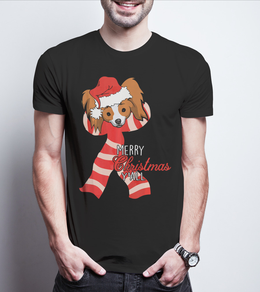 Papillon Dog Merry Christmas Y'all Santa Hat Striped T-Shirt