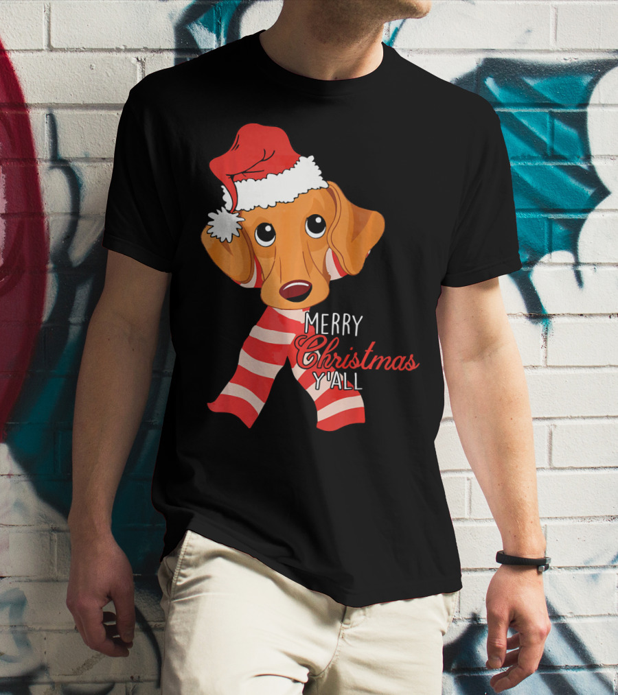 Merry Christmas Y'all Dachshund Dog Wearing Santa Hat And Striped Scarf T-Shirt