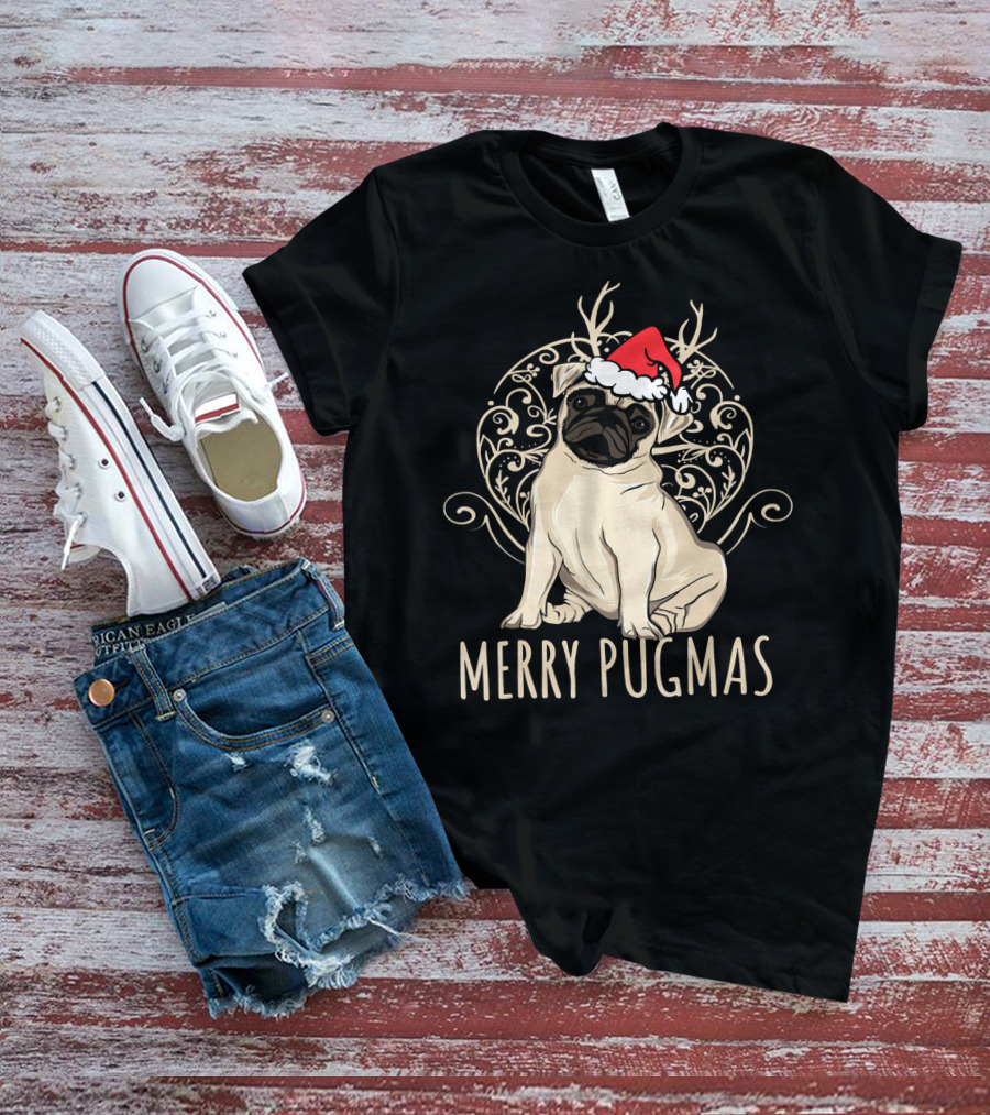 Merry Pugmas Funny Pug With Santa Hat And Antlers T-Shirt