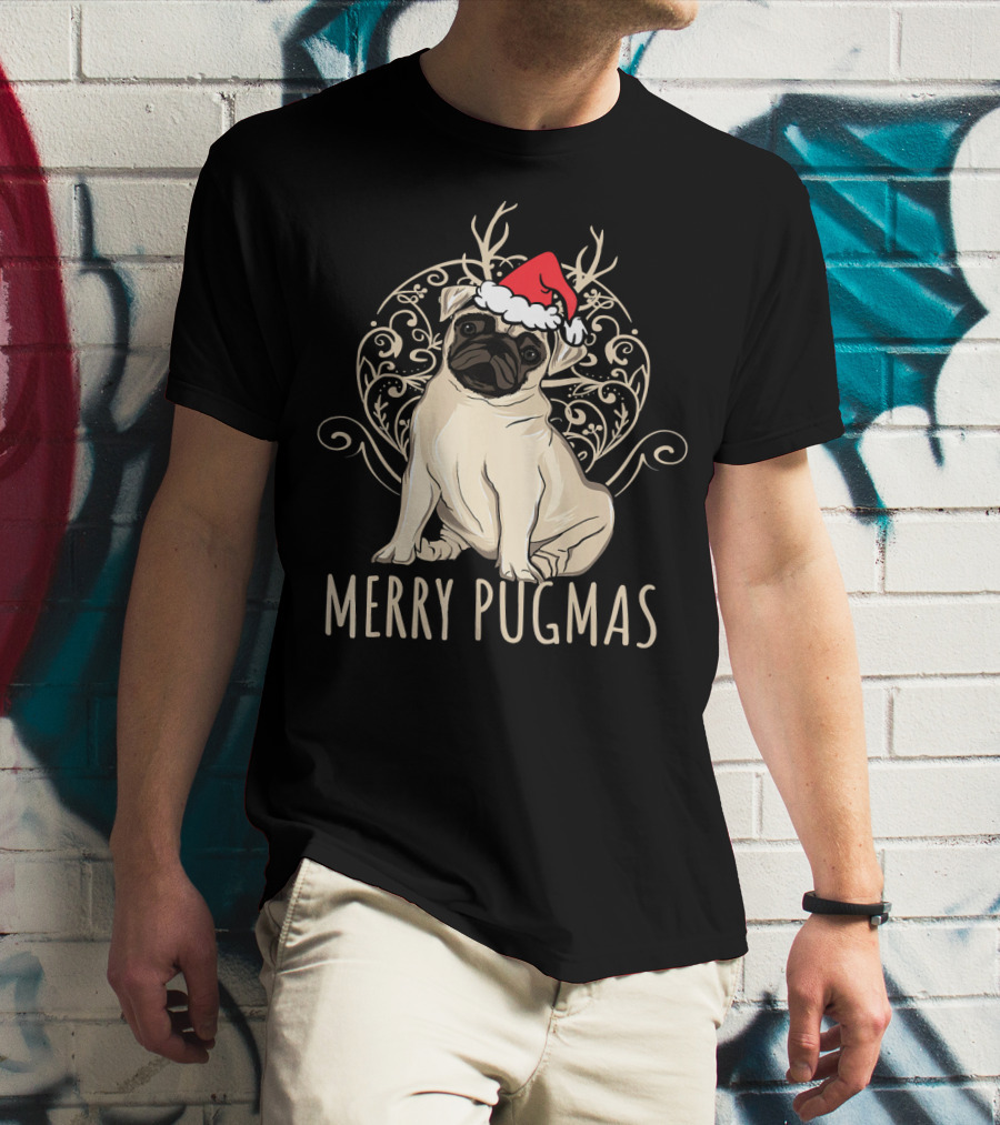 Merry Pugmas Funny Pug With Santa Hat And Antlers T-Shirt