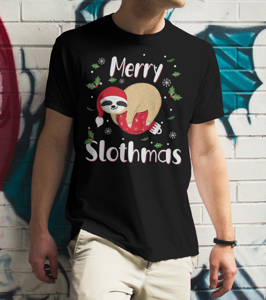 Merry Slothmas Christmas Sloth Holiday Festive Santa Hat Snowflakes T-Shirt