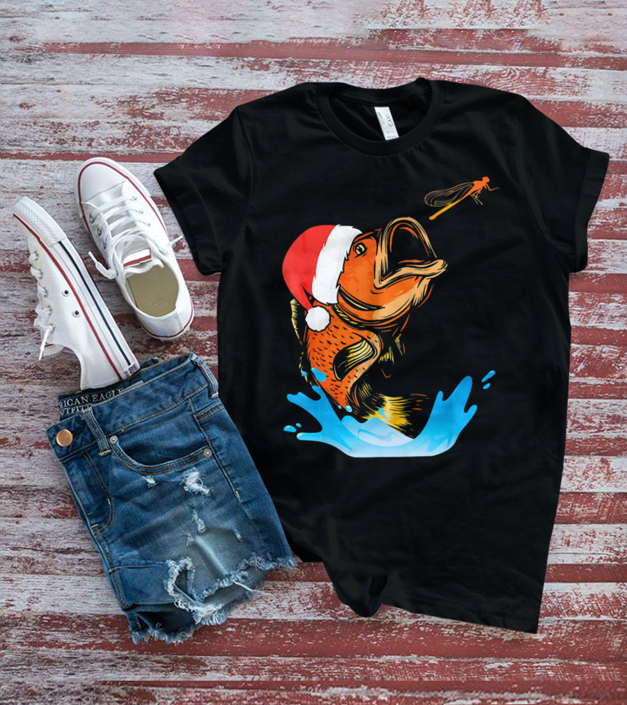 Bass Fishing Santa Hat Splashing Christmas Fish T-Shirt
