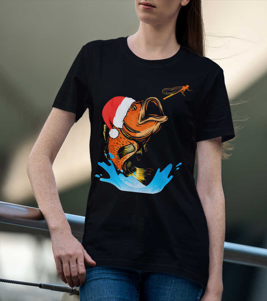 Bass Fishing Santa Hat Splashing Christmas Fish T-Shirt
