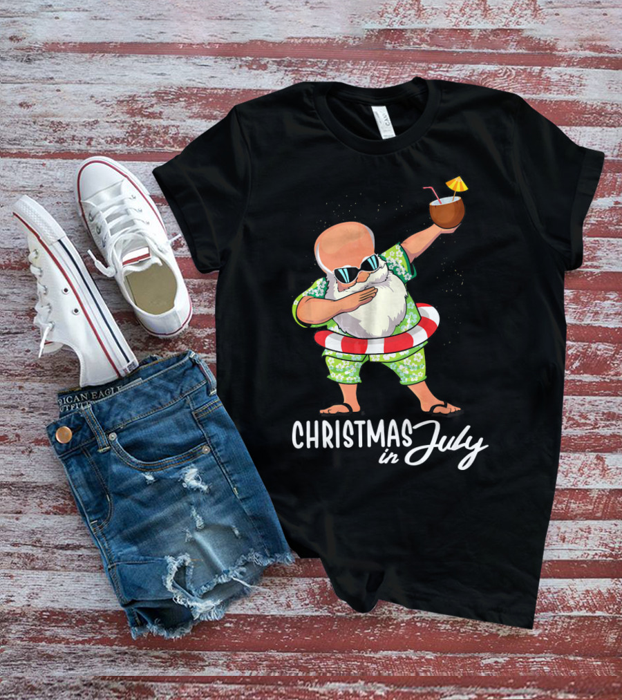 Dabbing Santa Christmas In July Coconut Drink Sunglasses Summer Fun T-Shirt