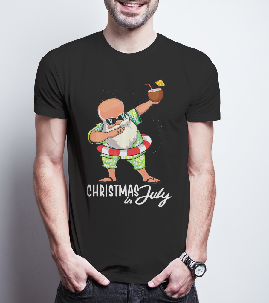 Dabbing Santa Christmas In July Coconut Drink Sunglasses Summer Fun T-Shirt