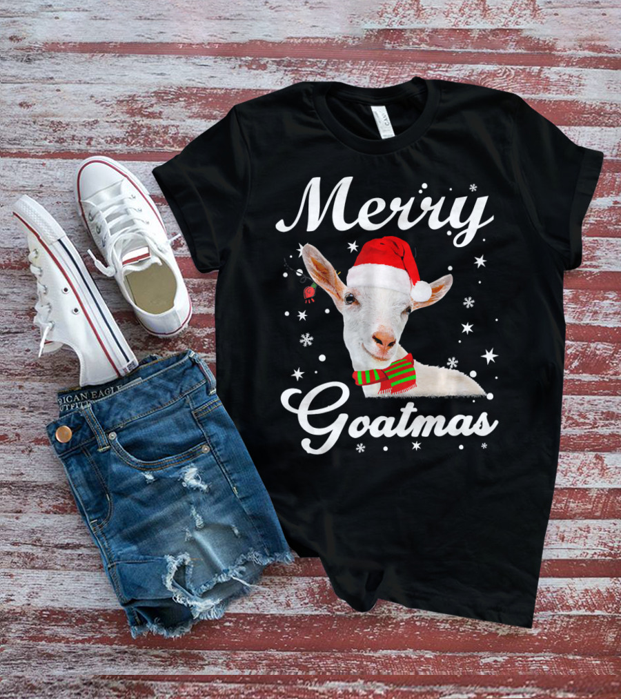 Merry Goatmas Santa Hat Snowflakes Festive Goat T-Shirt