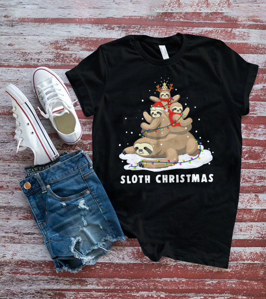 Sloth Christmas Tree With Reindeer And Santa Hats T-Shirt