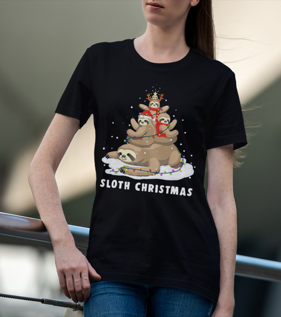 Sloth Christmas Tree With Reindeer And Santa Hats T-Shirt