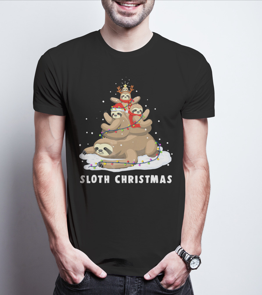 Sloth Christmas Tree With Reindeer And Santa Hats T-Shirt
