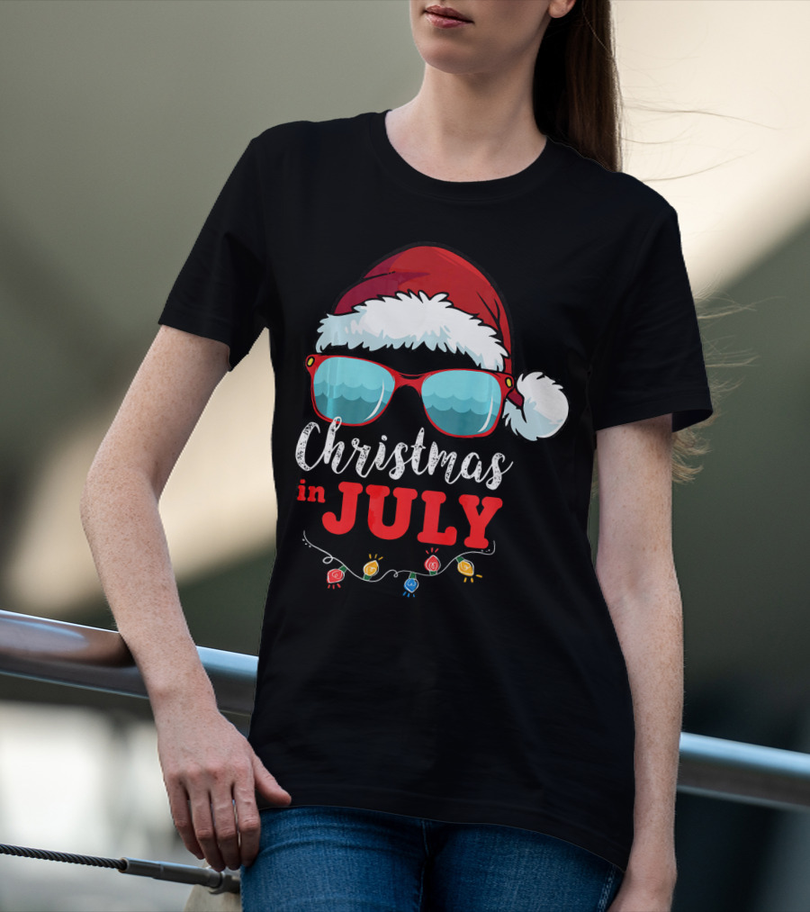 Santa Hat Sunglasses Christmas In July Holiday Lights T-Shirt