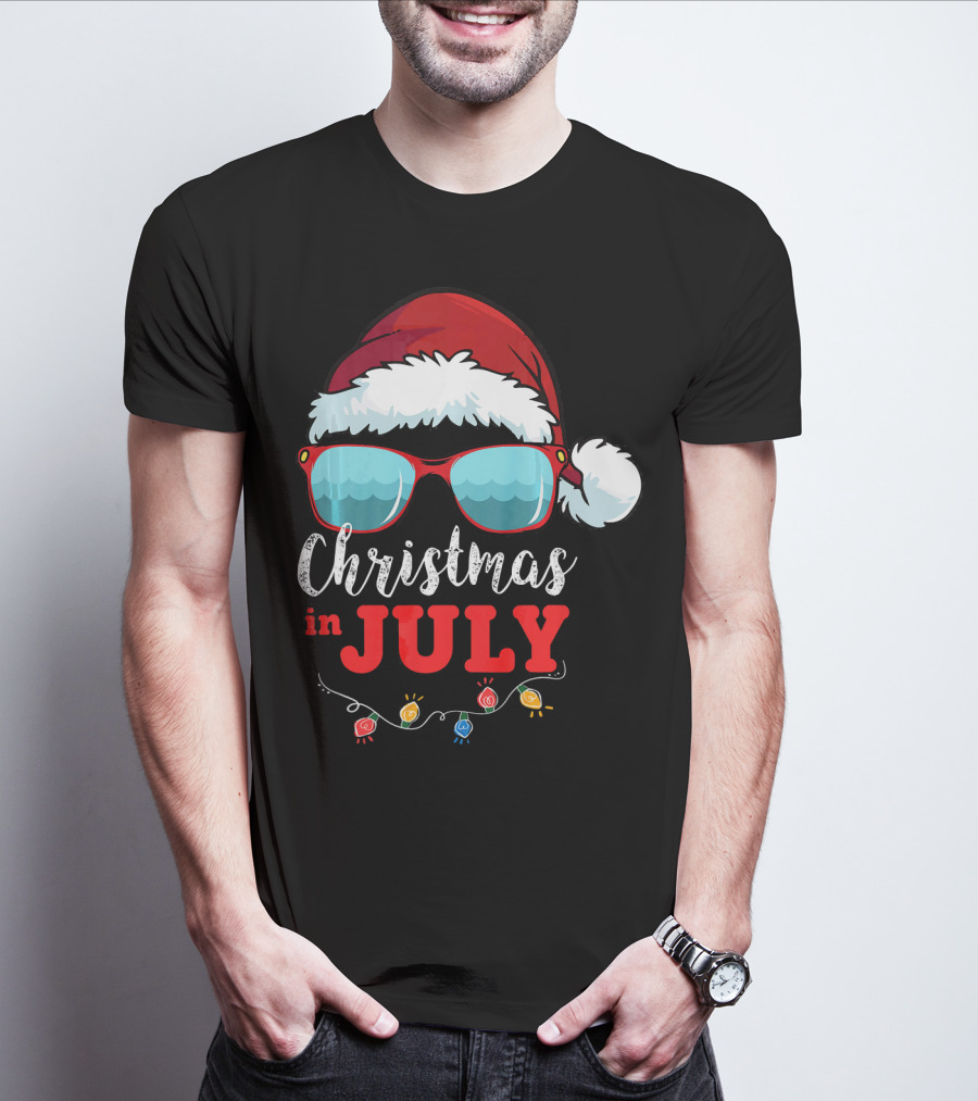 Santa Hat Sunglasses Christmas In July Holiday Lights T-Shirt