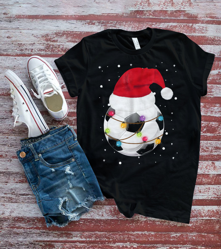 Santa Hat Soccer Ball Wrapped In Christmas Lights With Falling Snow T-Shirt