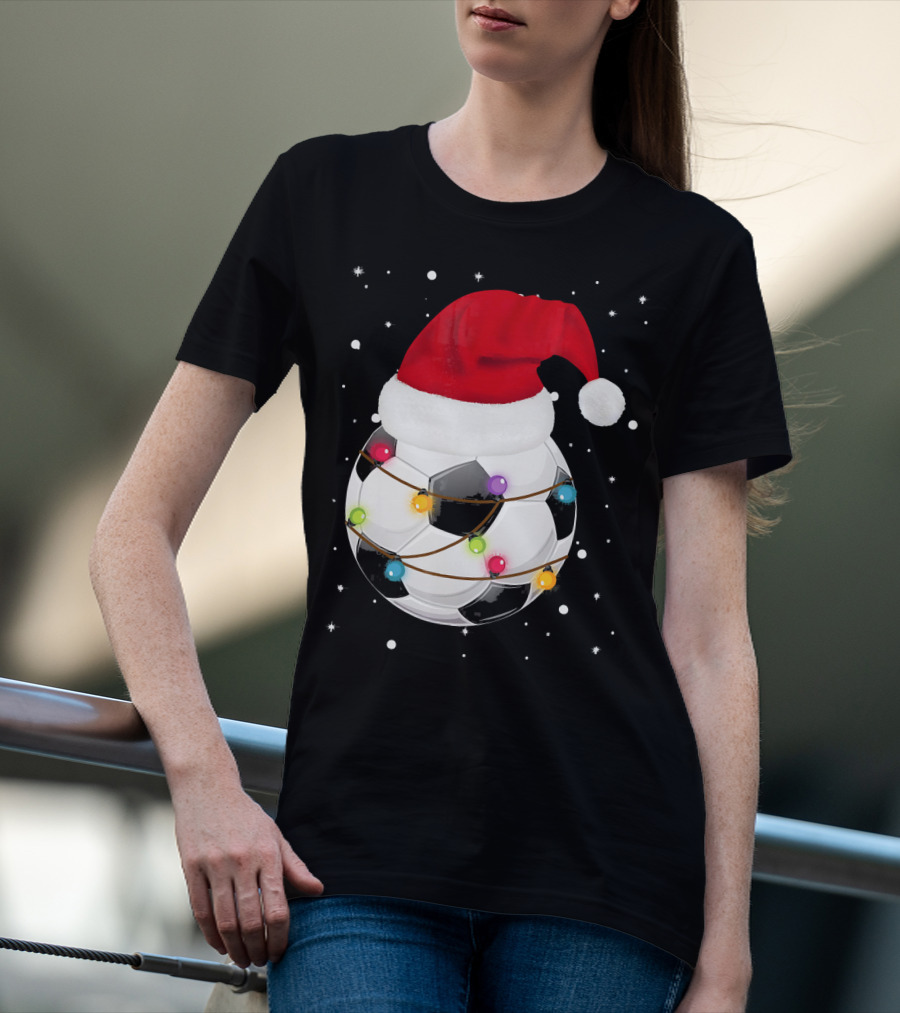 Santa Hat Soccer Ball Wrapped In Christmas Lights With Falling Snow T-Shirt