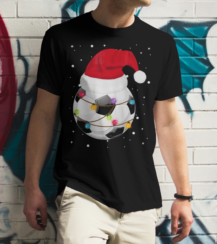 Santa Hat Soccer Ball Wrapped In Christmas Lights With Falling Snow T-Shirt