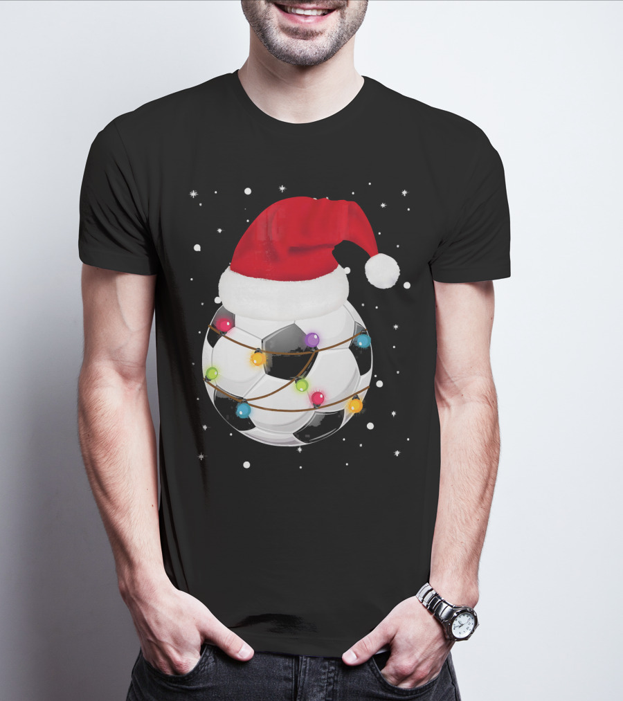 Santa Hat Soccer Ball Wrapped In Christmas Lights With Falling Snow T-Shirt