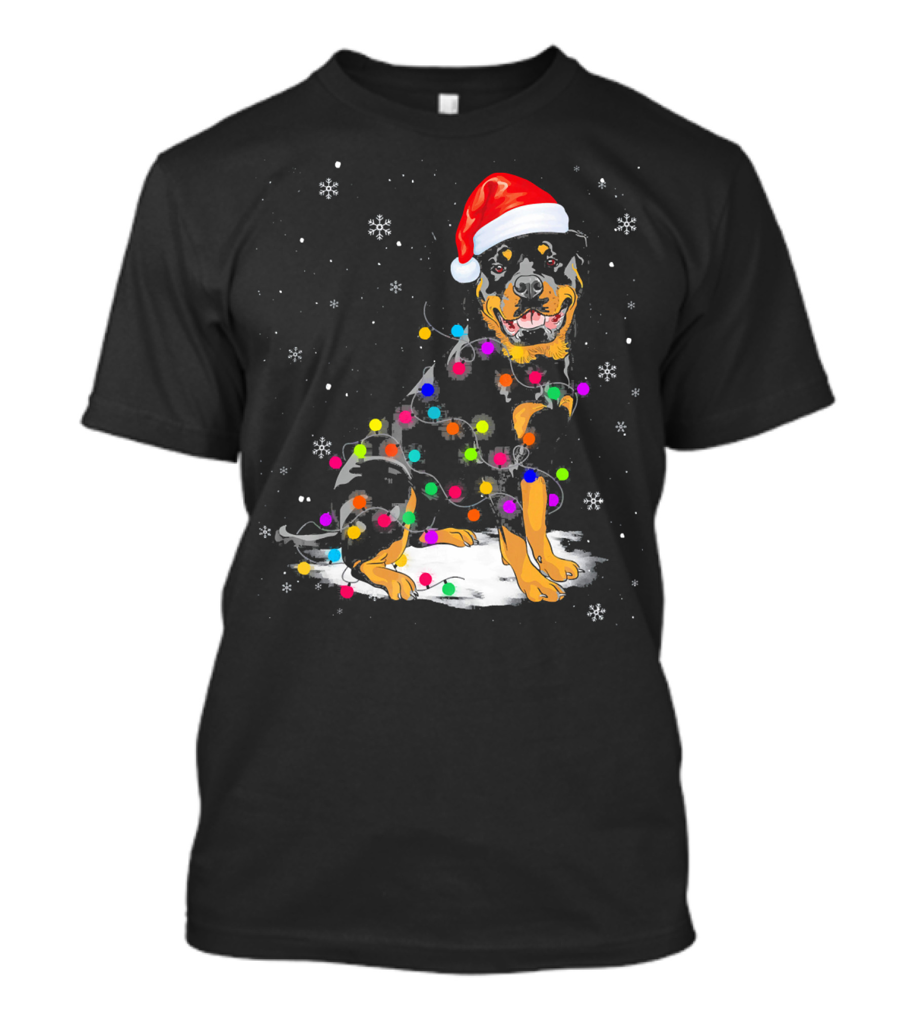 Rottweiler With Santa Hat And Colorful Christmas Lights In Snowy Scene T-Shirt