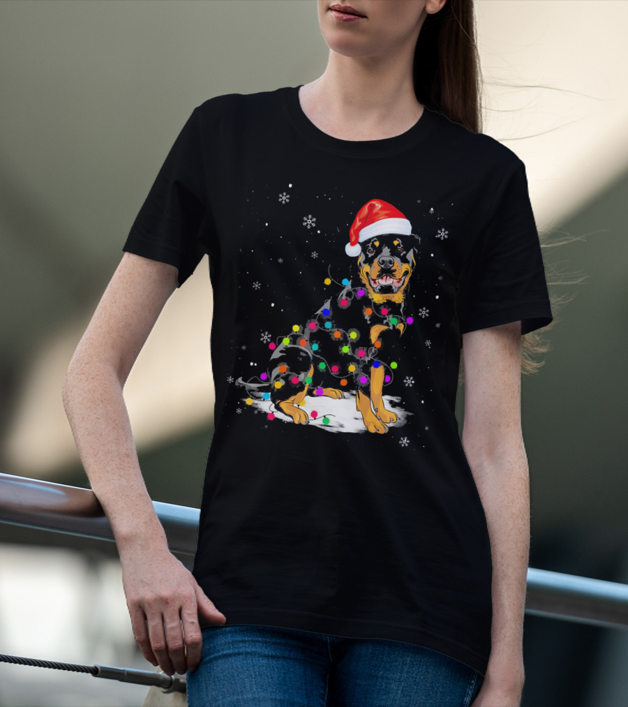 Rottweiler With Santa Hat And Colorful Christmas Lights In Snowy Scene T-Shirt