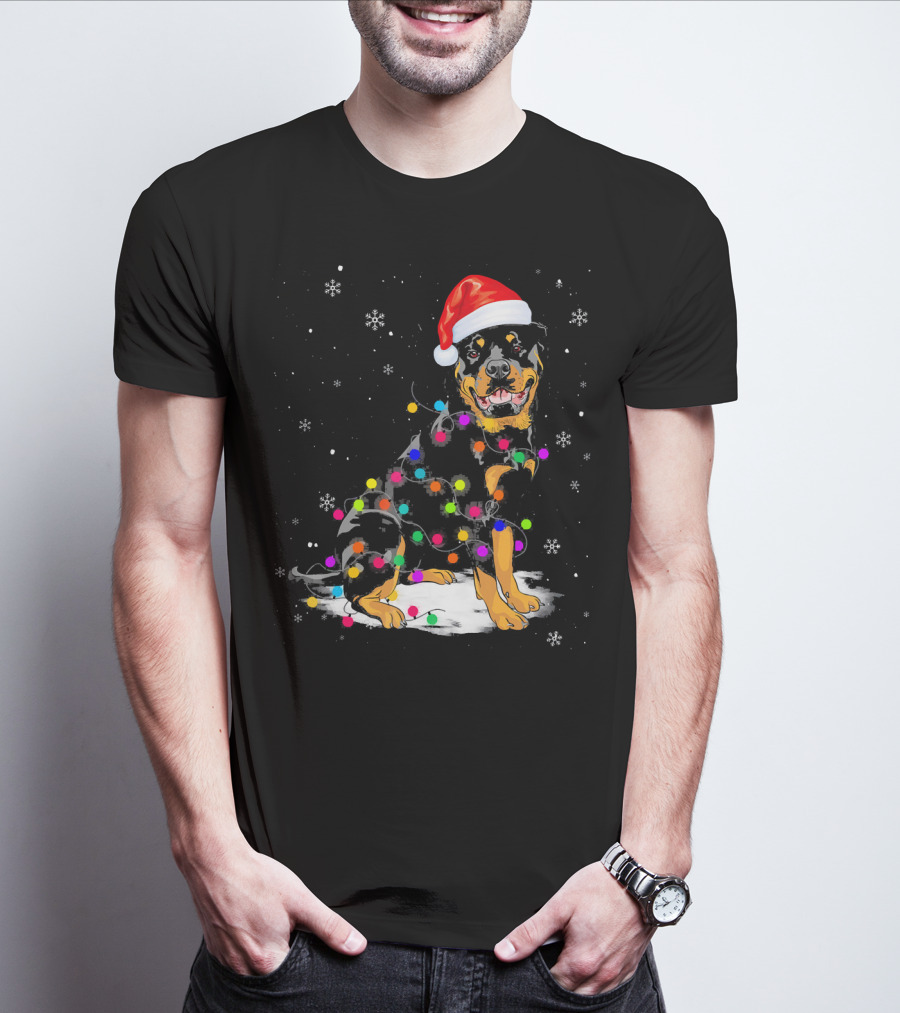 Rottweiler With Santa Hat And Colorful Christmas Lights In Snowy Scene T-Shirt