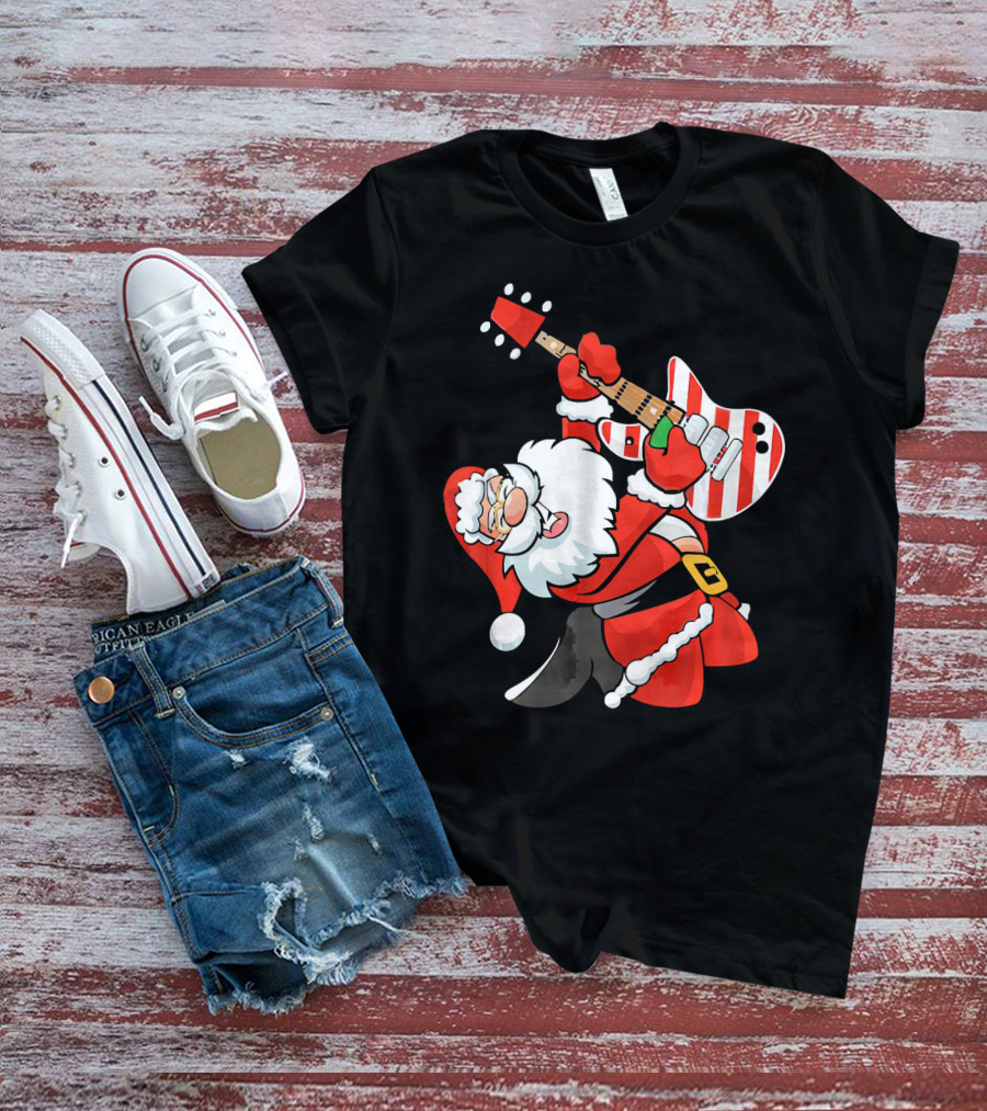 Santa Guitar Player Christmas Music Vintage Rock Holiday T-Shirt